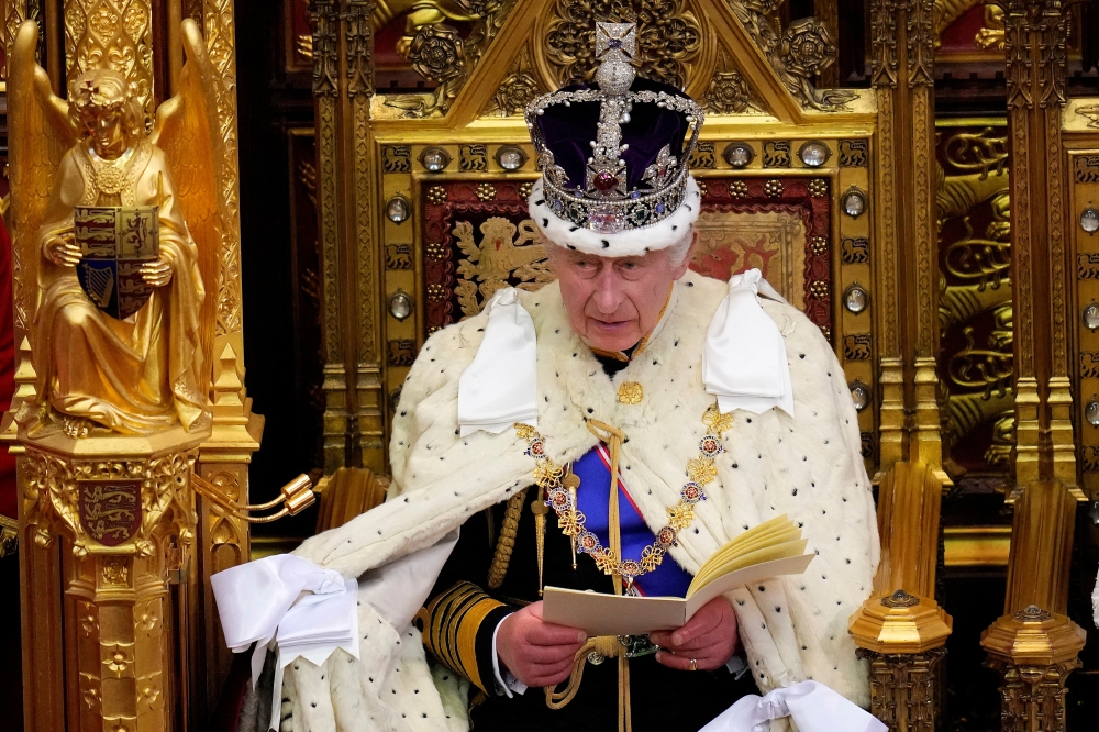 Britain's King Charles III delivers a speech during the State Opening of Parliament in the House of Lords Chamber, in London, Britain, November 7, 2023. Kirsty Wigglesworth/Pool via REUTERS