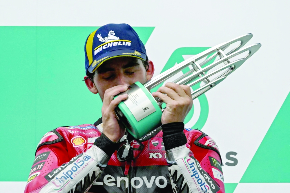 Enea Bastianini celebrates on the podium. — Reuters