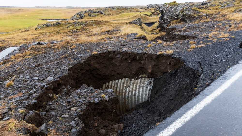 A general view of damage due to volcanic activity at a golf course, in Grindavik