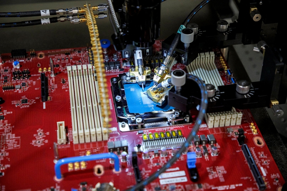 A close-up view of the probe station that is being used to test the Azure Cobalt chip at Microsoft's lab in Redmond