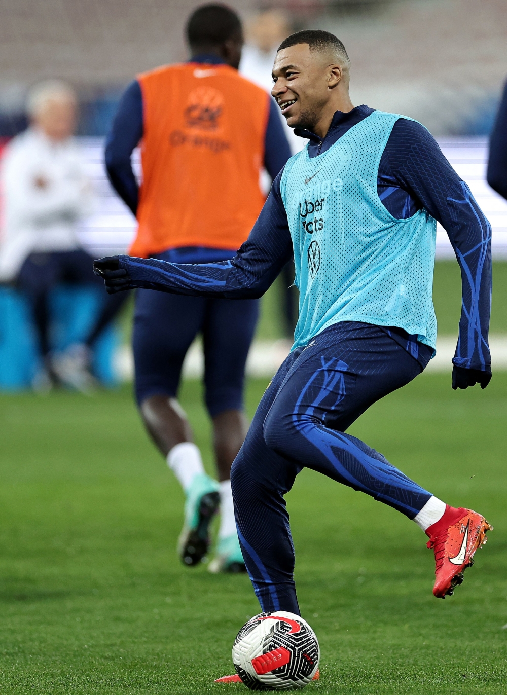 Kylian Mbappe controls the ball during a training session at the Allianz Riviera Stadium.—AFP