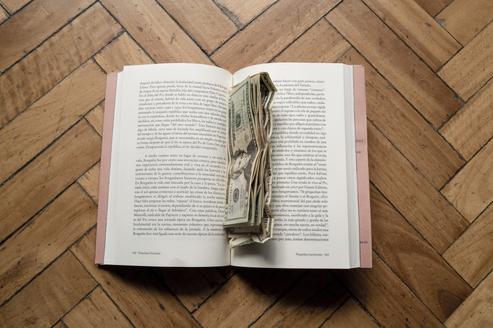 Dollar bills stashed away inside a book in Buenos Aires, Argentina, on Nov. 21, 2023. (Anita Pouchard Serra/The New York Times)