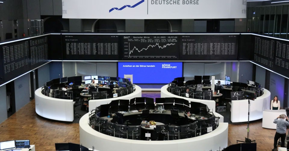A TV presenter gets ready for the daily reporting from the floor of the German share price index DAX at the stock exchange in Frankfurt, Germany, November 15, 2023. REUTERS