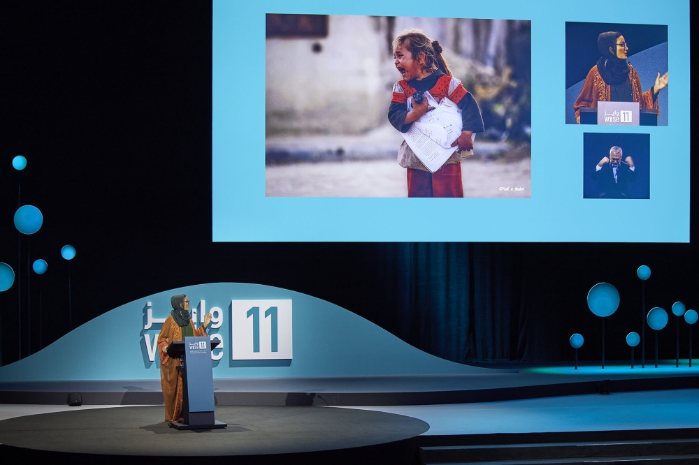 Sheikha Moza bint Nasser, Chairperson of Qatar Foundation speaking at the opening plenary of WISE11 Summit in Doha. 