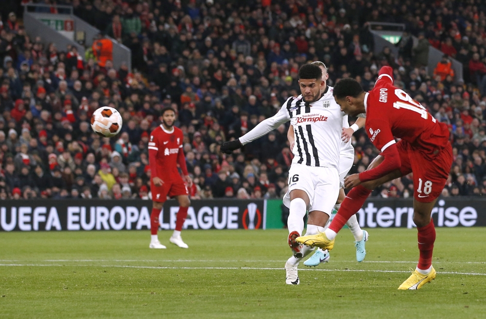 Soccer Football - Europa League - Group E - Liverpool v LASK Linz - Anfield, Liverpool, Britain - November 30, 2023  Liverpool's Cody Gakpo shoots at goal Action Images via Reuters/Craig Brough
