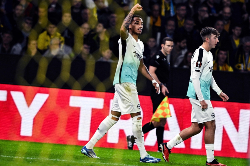 Brighton's Brazilian striker #09 Joao Pedro celebrates scoring his team's first goal during the UEFA Europa League Group B football match between AEK Athens FC and Brighton and Hove Albion FC at the Agia Sophia Stadium in Athens on November 30, 2023.  (Photo by Angelos TZORTZINIS / AFP)

