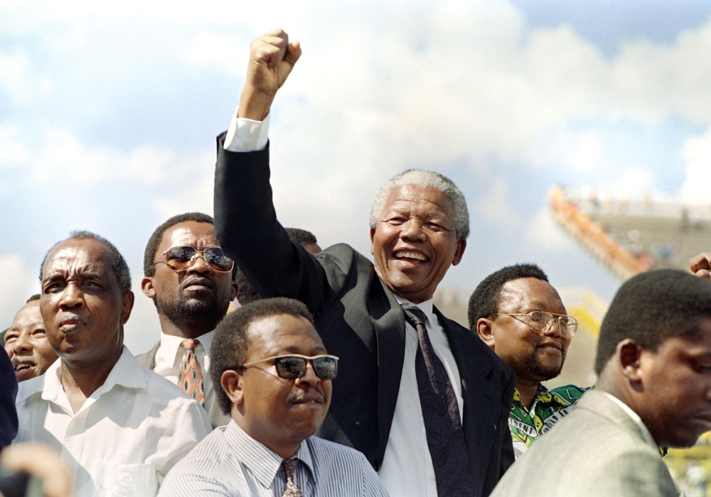 Nelson Mandela at an election rally in Mmabatho. — AFP file photo