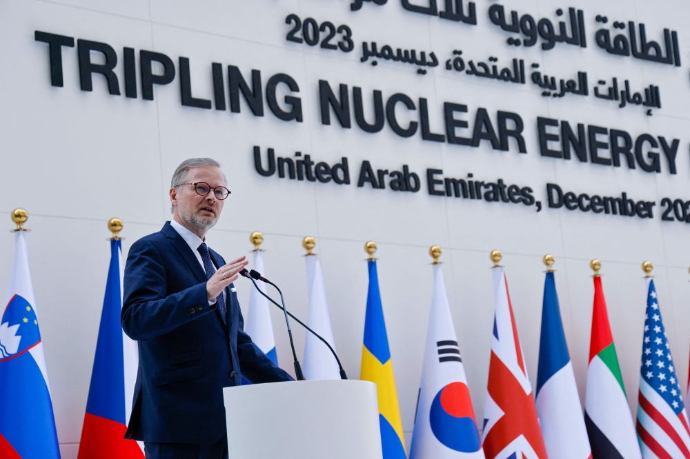 Czech Republic's Prime Minister Petr Fiala speaks during the Tripling Nuclear Energy by 2050 