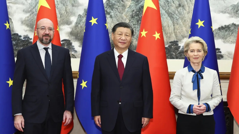 Chinese leader Xi Jinping with European Commission President Ursula von der Leyen and European Council President Charles Michel prior to their meeting at the Diaoyutai State Guesthouse in Beijing. - AFP 