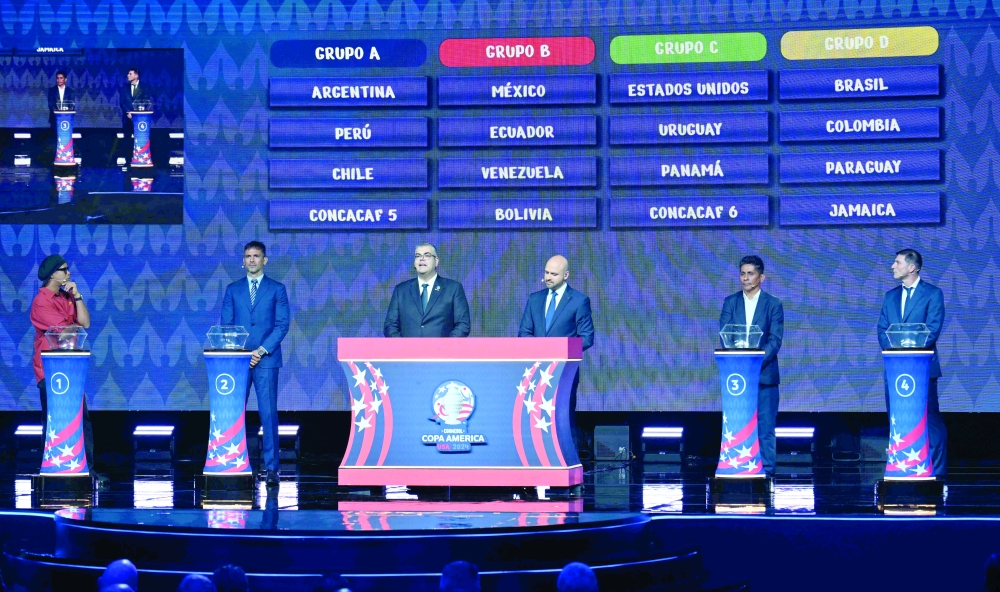 Groups are displayed on screens after the final draw for the Conmebol Copa America 2024 football competition at the James L. Knight Centre in Miami, Florida, on December 7, 2023. (Photo by ANGELA WEISS / AFP)

