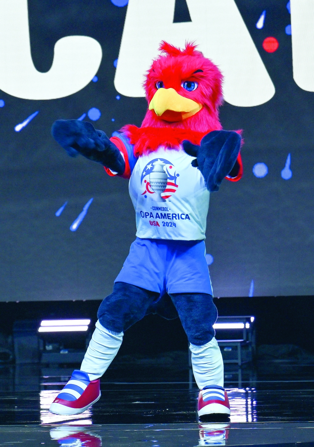 Capitan the 2024 Copa America mascot is presented onstage during the final draw for the Conmebol 2024 Copa America football competition at the James L. Knight Centre in Miami, Florida, on December 7, 2023. (Photo by ANGELA WEISS / AFP)

