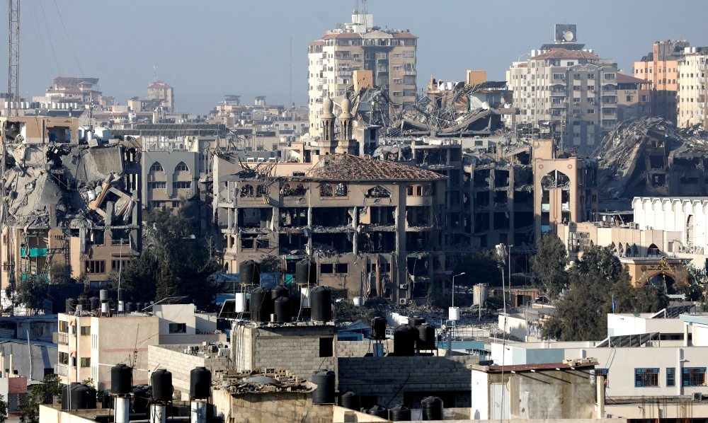 Destroyed and damaged buildings of the Islamic University are seen in the aftermath of Israeli strikes 
