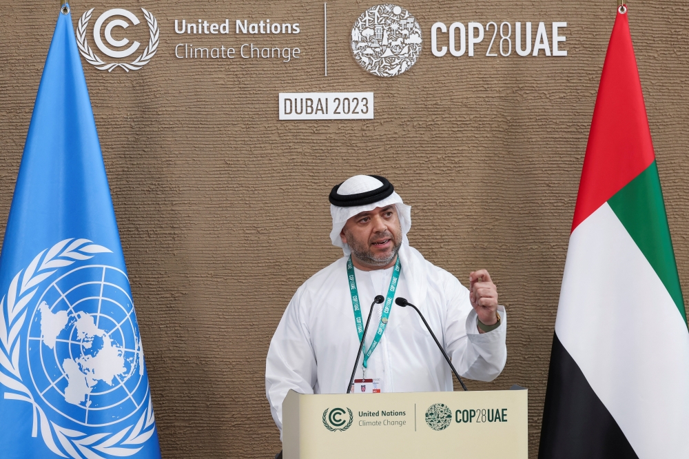 COP28 Director-General Majid Al Suwaidi speaks during a press conference at the United Nations Climate Change Conference