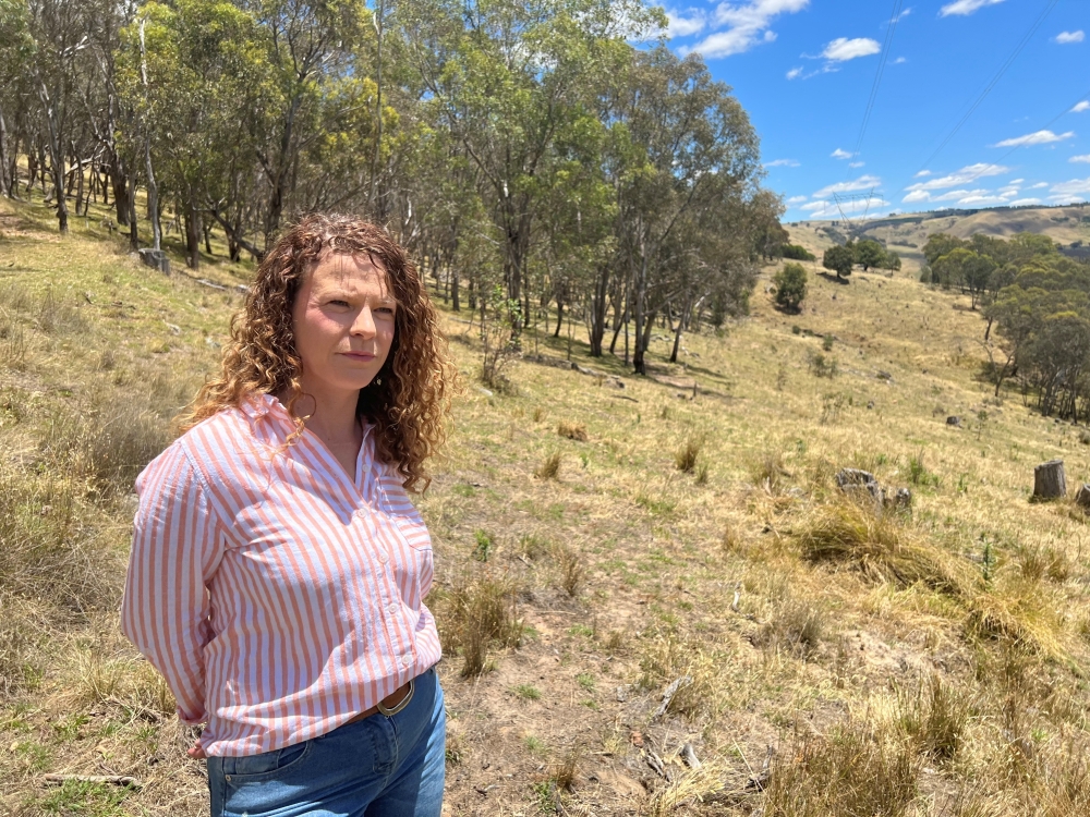 Rebecca Tobin stands under a 330-kilovolt power line on her family's farm near Adelong in southeast Australia December 4, 2023. REUTERS/Peter Hobson