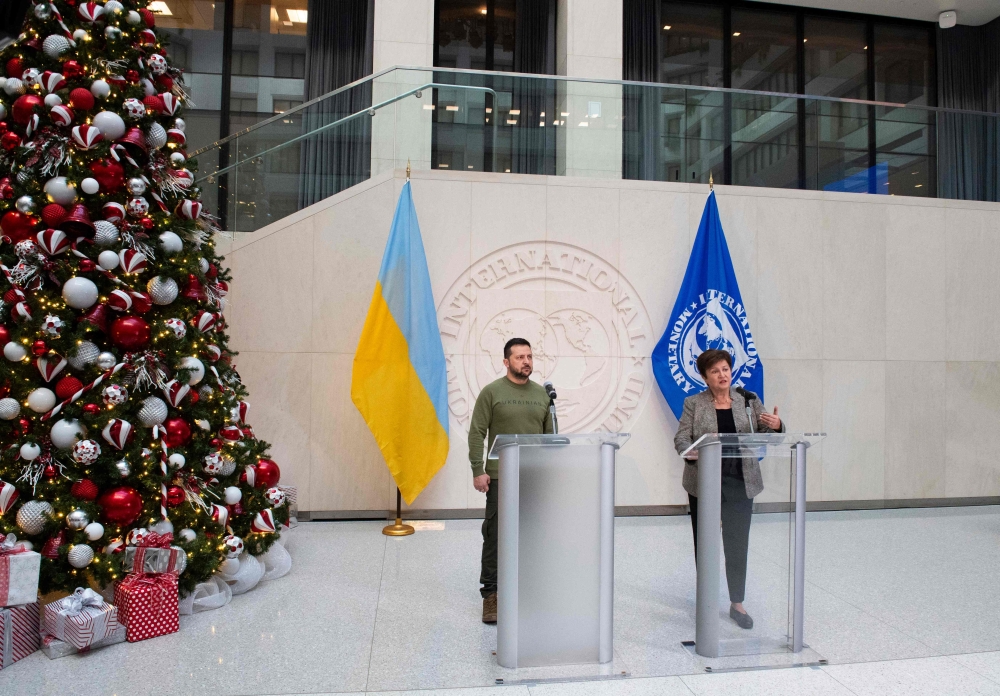 Ukrainian President Volodymyr Zelensky and International Monetary Fund (IMF) Director Kristalina Georgieva speak to the press after talks at IMF headquarters in Washington, DC. — AFP 
