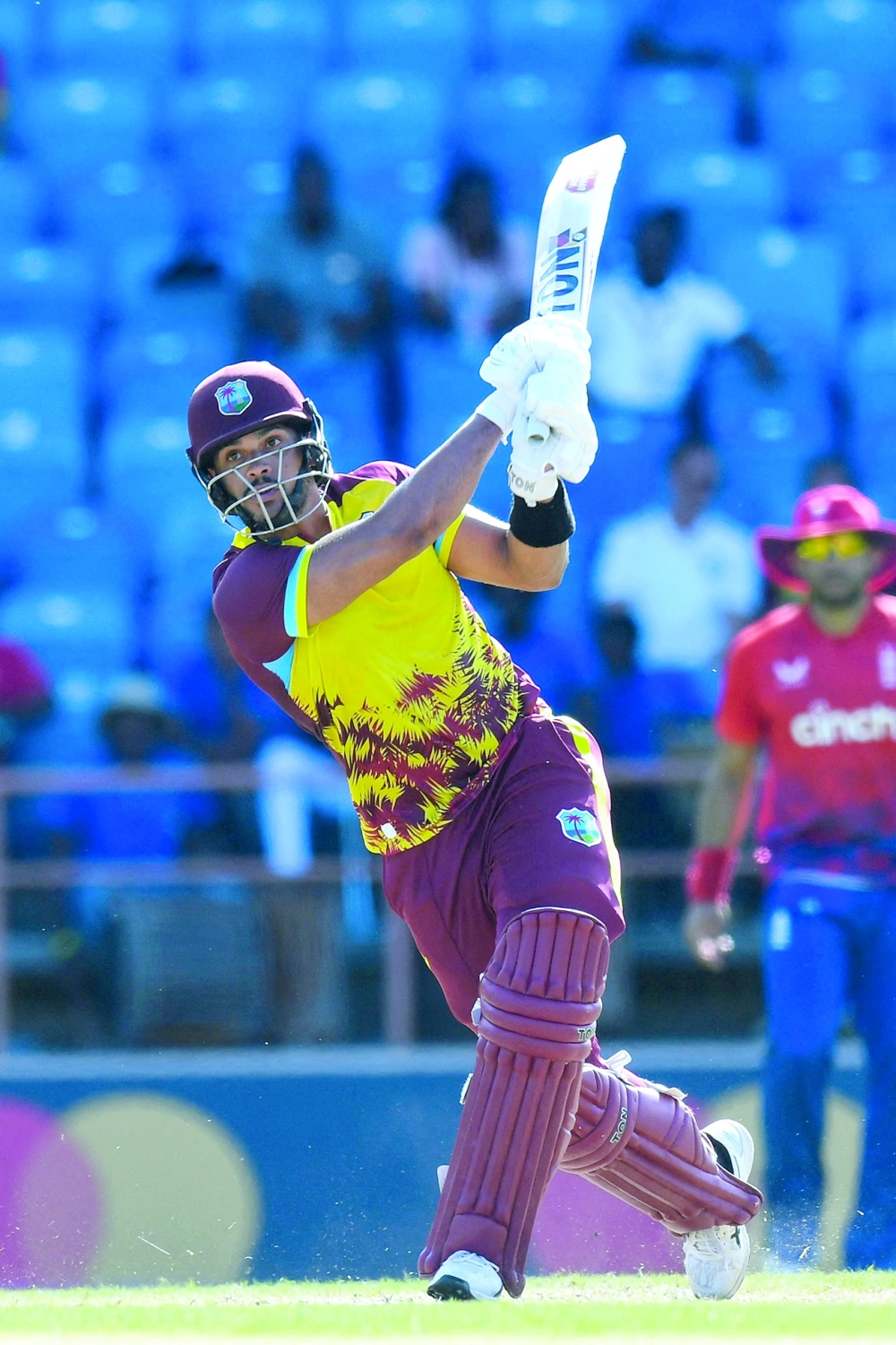 Brandon King of the West Indies hits 6 during the 2nd T20I between West Indies and England at Grenada National Cricket Stadium in Saint George's, Grenada, on December 14, 2023.
 (Photo by Randy Brooks / AFP)

