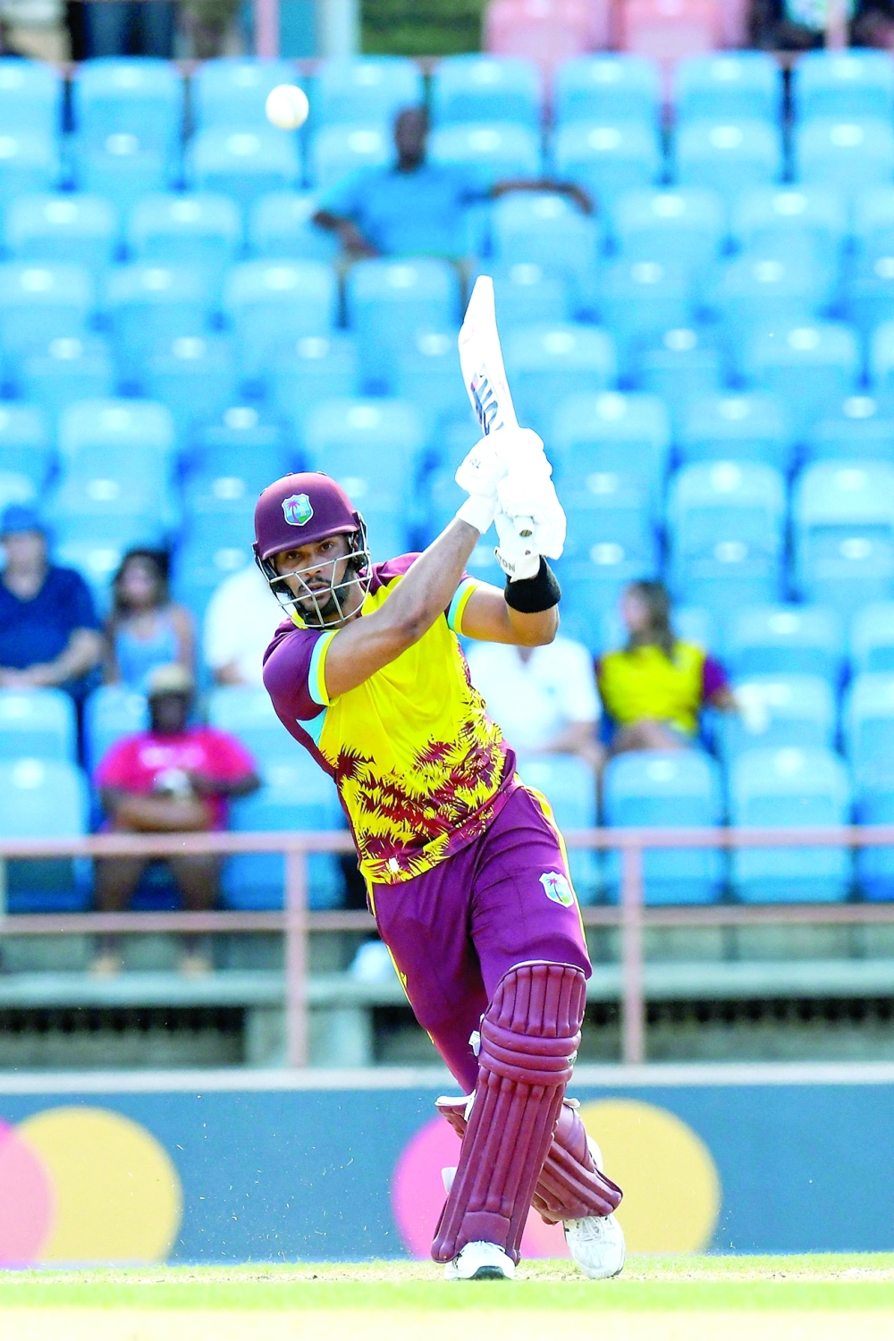 Brandon King of West Indies hits 4 during the 2nd T20I between West Indies and England at Grenada National Cricket Stadium, in St. George's, Grenada, on December 14, 2023.
  (Photo by Randy Brooks / AFP)

