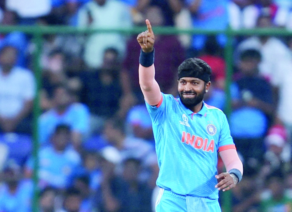 India's Hardik Pandya reacts during the ICC Cricket World Cup 2023. -- Reuters