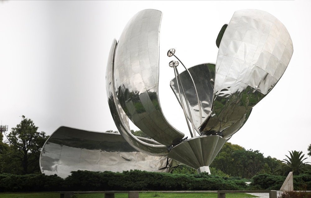 The Floralis Generica stands damaged after a severe storm, in Buenos Aires