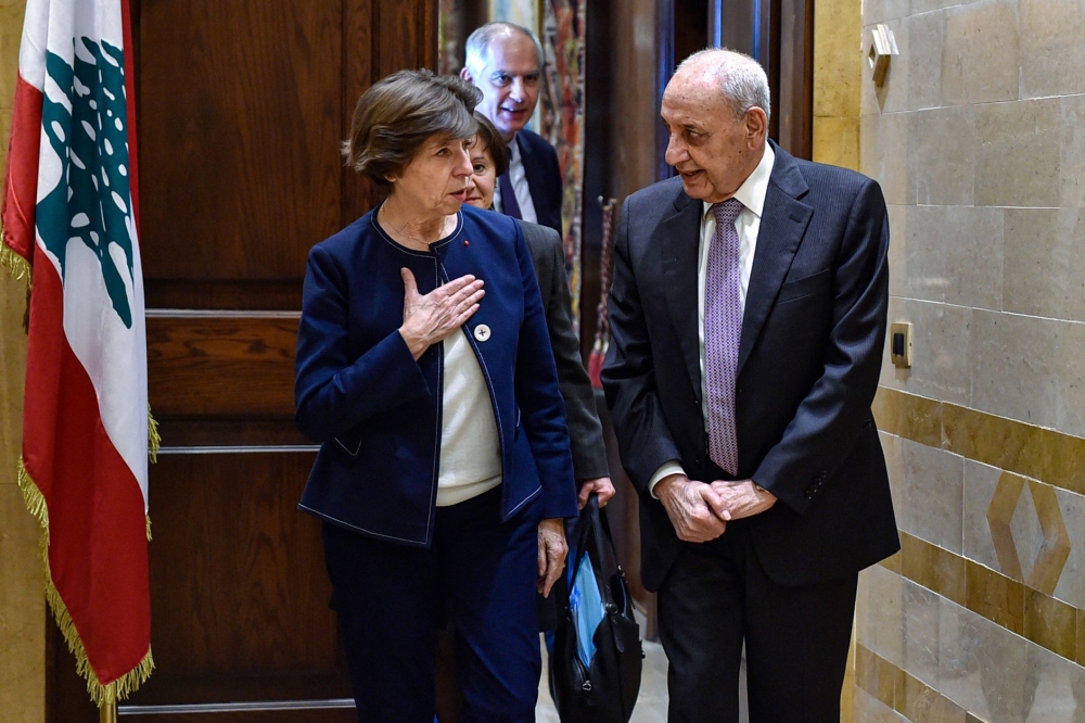 France's Minister of Foreign Affairs Catherine Colonna (L) meets with Lebanon's Speaker of the Parliament Nabih Berri (R) in Beirut. — AFP 