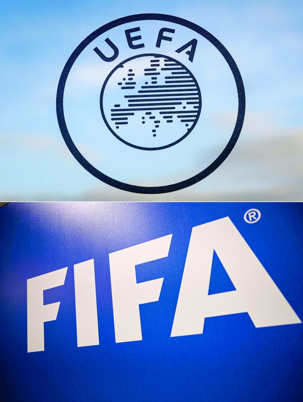 (COMBO) This combination of pictures created on December 21, 2023 shows the UEFA logo (top) at the UEFA headquarters in Nyon on December 15, 2014 and the Fifa logo (bottom) at the Fifa Executive Football Summit in Istanbul on February 15, 2019.
 Europe's top court ruled on December 21, 2023 that moves by football governing bodies UEFA and Fifa to stifle the creation of a rival Super League had broken EU law. "The Fifa and UEFA rules making any new interclub football project subject to their prior approval, such as the Super League, and prohibiting clubs and players from playing in those competitions, are unlawful," the European Court of Justice ruled. (Photo by Fabrice COFFRINI and OZAN KOSE / AFP)