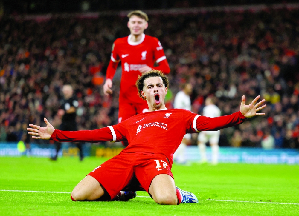Soccer Football - Carabao Cup - Quarterfinal - Liverpool v West Ham United - Anfield, Liverpool, Britain - December 20, 2023 Liverpool's Curtis Jones celebrates scoring their fifth goal REUTERS