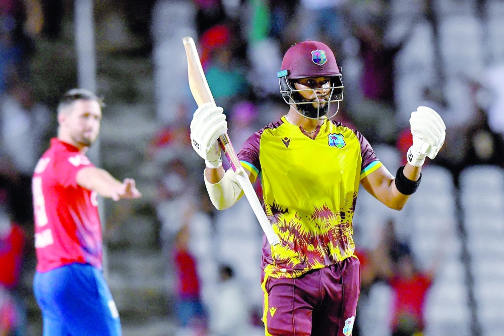 Shai Hope of the West Indies celebrates winning the 5th T20I between the West Indies and England at Brian Lara Cricket Academy Stadium in Tarouba, Trinidad and Tobago, on December 21, 2023. (Photo by Randy Brooks / AFP)

