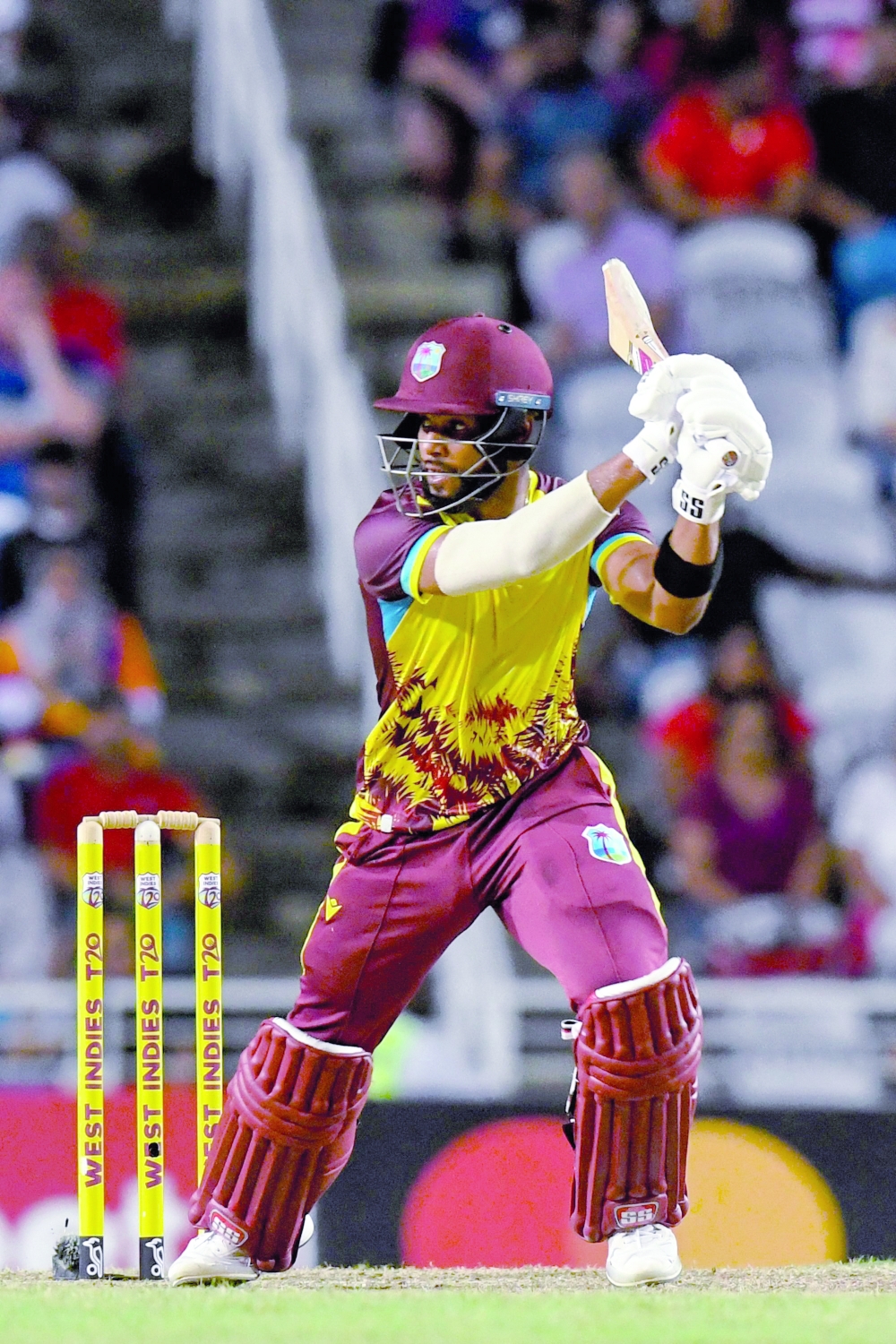 Shai Hope of West Indies hits 4 during the 5th T20I between the West Indies and England at Brian Lara Cricket Academy Stadium in Tarouba, Trinidad and Tobago, on December 21, 2023. (Photo by Randy Brooks / AFP)

