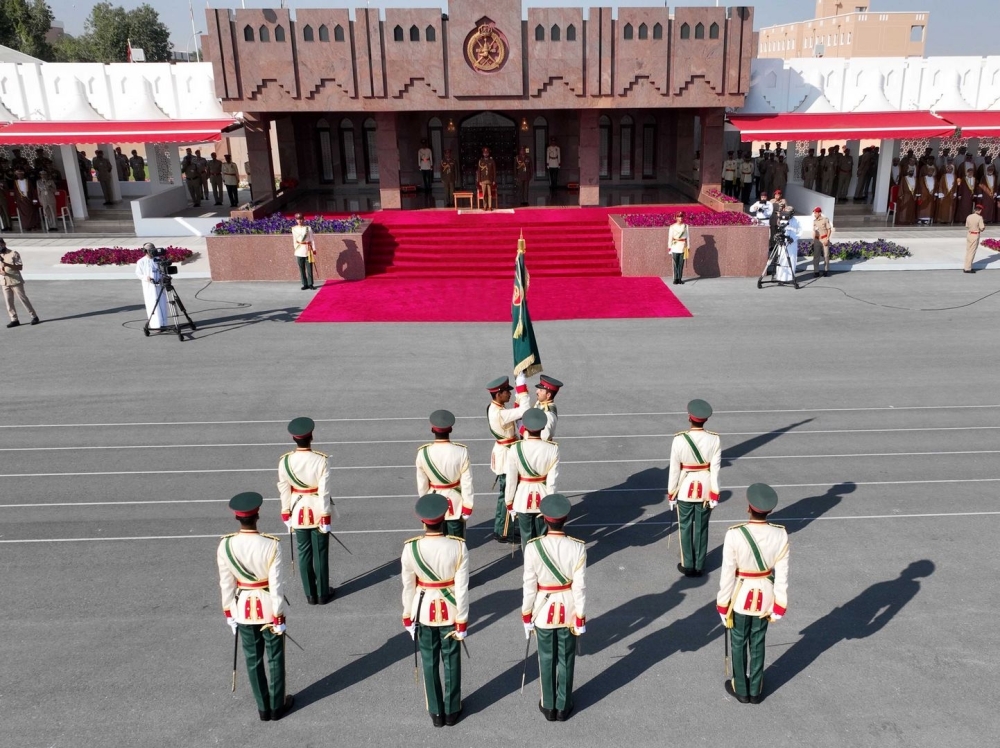 The graduates put in a military show, with the infantry passing in front of the dais, led by bearers of the Sultan Qaboos Military College colours.