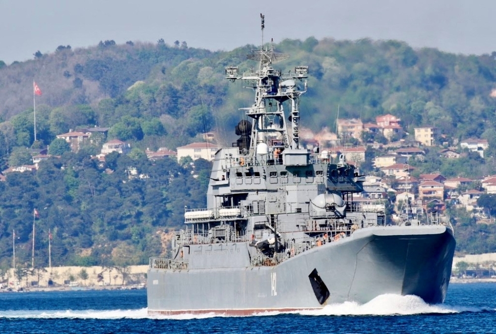 The Russian Navy's large landing ship Novocherkassk sets sail in the Bosphorus on its way to the Mediterranean Sea in Istanbul. - Reuters 