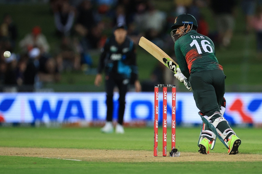 Bangladesh's Litton Das plays a shot during the first Twenty20 cricket match between New Zealand and Bangladesh at McLean Park in Napier on December 27, 2023. (Photo by Marty MELVILLE / AFP)


