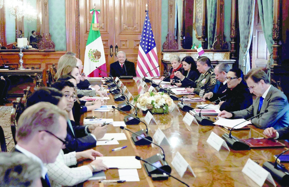 Mexican President Andres Manuel Lopez Obrador (C) attends a meeting with US Secretary of State Antony Blinken, at the Palacio Nacional in Mexico City. — AFP 