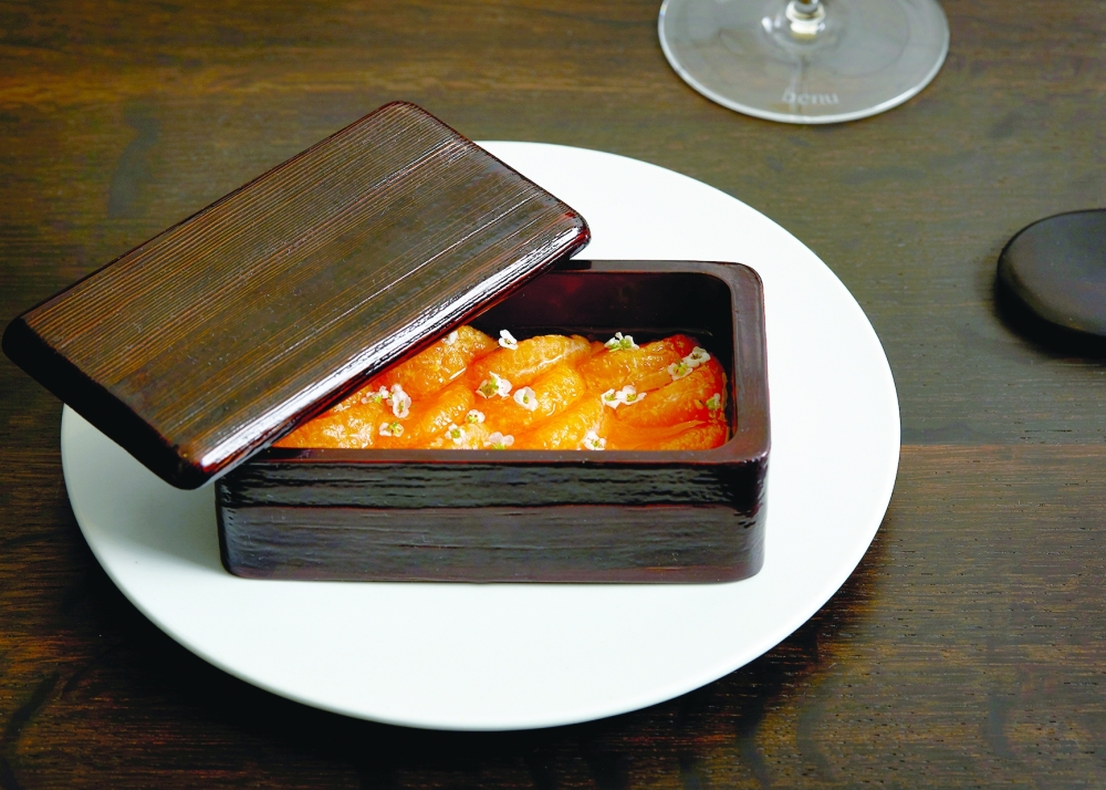 Winter hwachae with satsuma mandarins at Benu Restaurant in San Francisco.