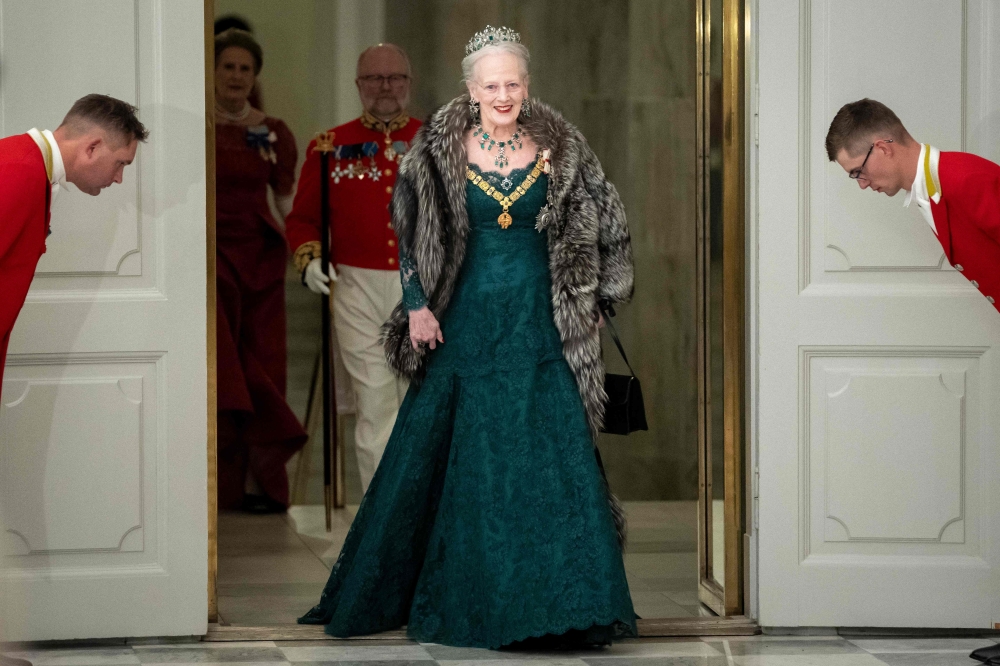 (FILES) Queen Margrethe II of Denmark arrives for a State Banquet at Christiansborg Castle in Copenhagen on November 6, 2023, on the occasion of a visit of Spain's royal couple to Denmark. Denmark's Queen Margrethe II announced in her traditional New Year's address on December 31, 2023 that she would be abdicating on January 14, 2024 after 52 years on the throne. - Denmark OUT
