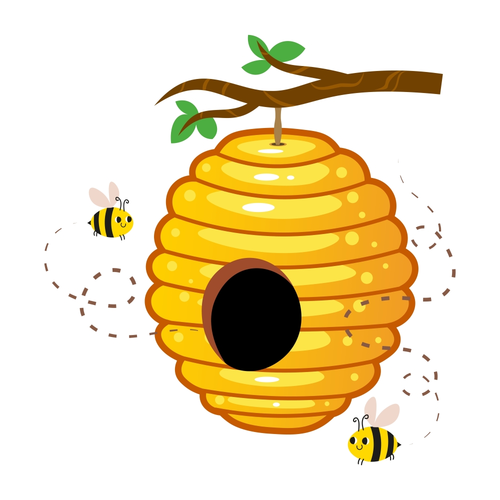 Yellow,Honey,Hive,With,Cute,Bees,Hanging,On,A,Tree