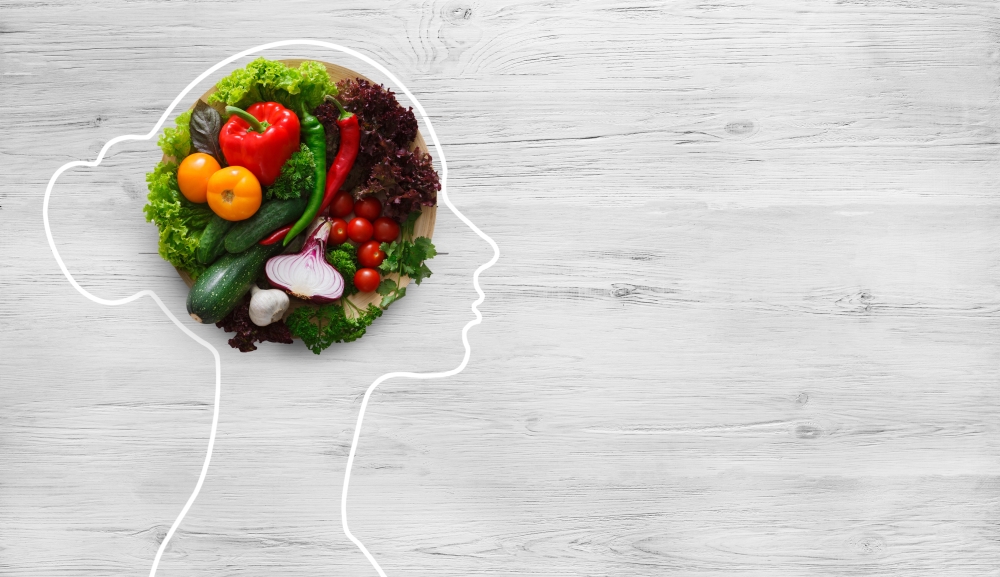 Health,In,Your,Brain.,Fresh,Vegetables,In,Woman,Head,Symbolizing