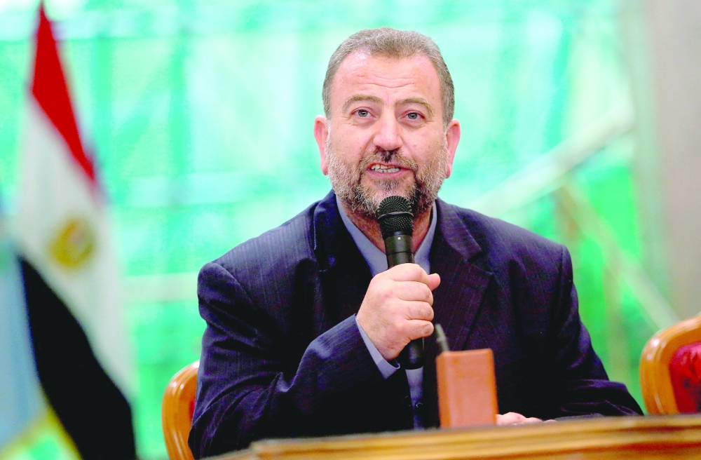 FILE PHOTO: Head of Hamas delegation Saleh al-Arouri speaks during a reconciliation deal signing ceremony in Cairo, Egypt, October 12, 2017