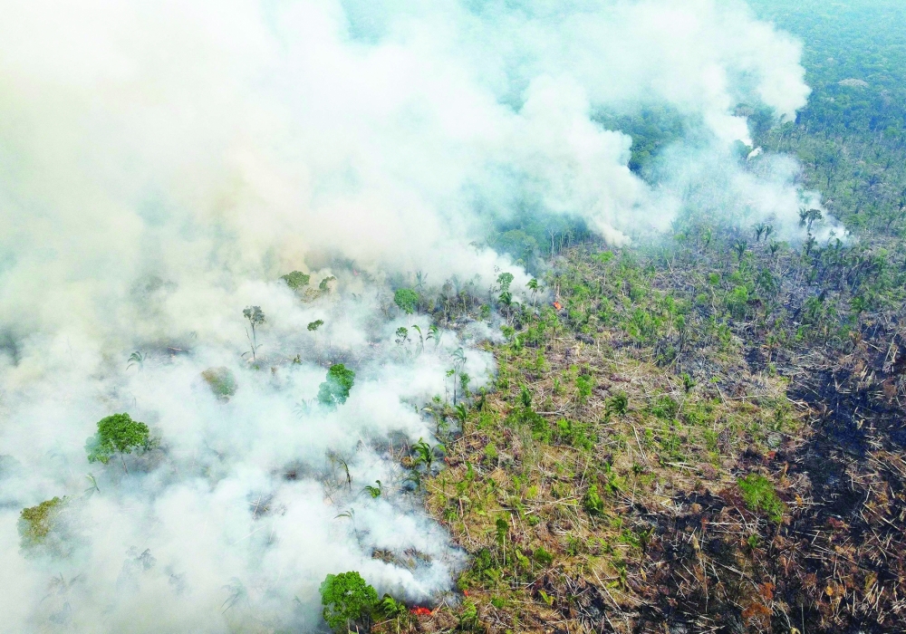 Aerial view of a burning area in Amazon forest