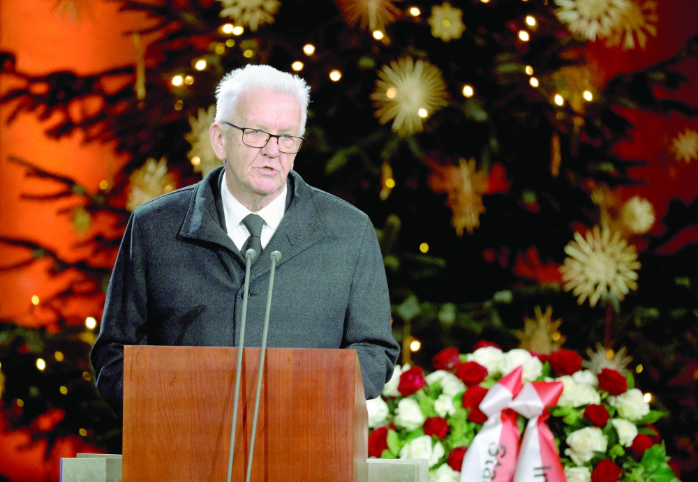Winfried Kretschmann, federal state premier of Baden-Württemberg, speaks during a funeral service for the late former German finance minister Wolfgang Schaeuble at the Evangelische Stadtkirche church in Offenburg, Germany. — Reuters