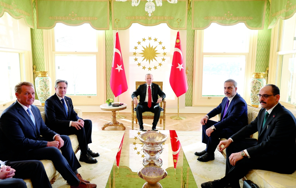 Turkish President Tayyip Erdogan, accompanied by Foreign Minister Hakan Fidan and Ibrahim Kalin, head of Türkiye's National Intelligence Agency (MIT), meets with U.S. Secretary of State Antony Blinken in Istanbul, Türkiye. — Reuters