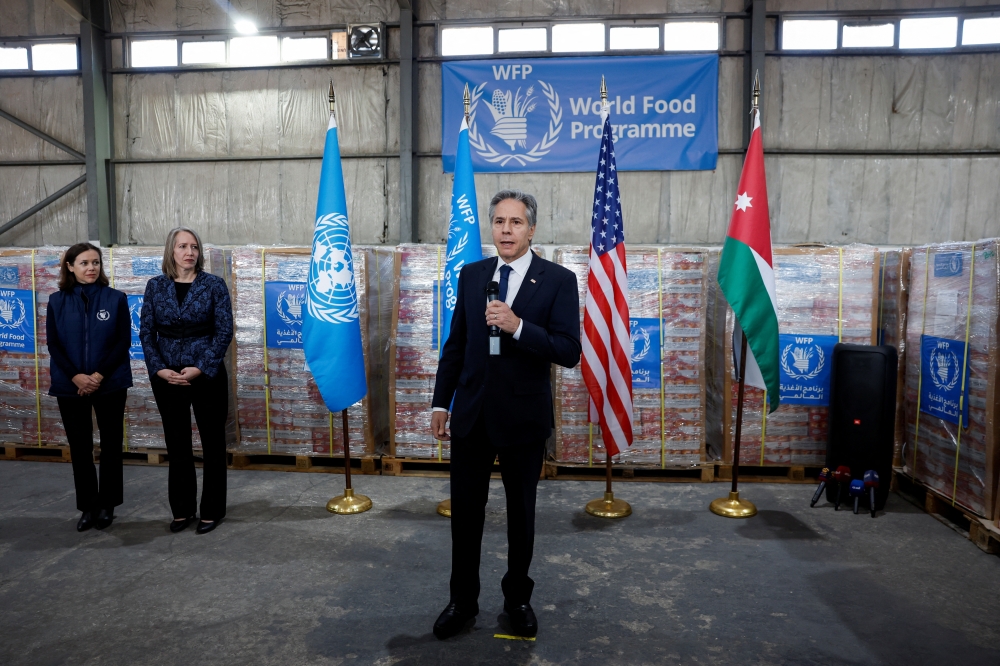 U.S. Secretary of State Antony Blinken speaks as he visits a World Food Program (WFP) regional warehouse, in Amman, Jordan. — Reuters 