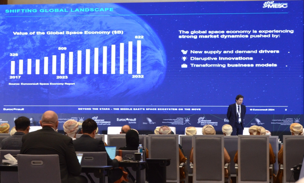 Steve Bochinger, Affiliate Executive Advisor at Euroconsult, speaks during the first Middle East Space Summit in Muscat.