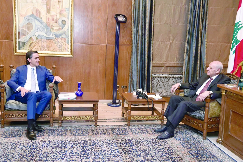 US special envoy Amos Hochstein (L) meets with Lebanon's Parliament Speaker Nabih Berri in Beirut on Thursday. — AFP