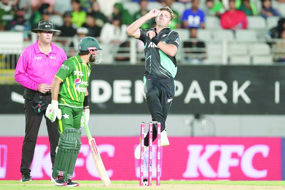 New Zealand's Tim Southee bowls during the first Twenty20 international cricket match between New Zealand and Pakistan at Eden Park in Auckland on January 12, 2024.  (Photo by DAVID ROWLAND / AFP)


