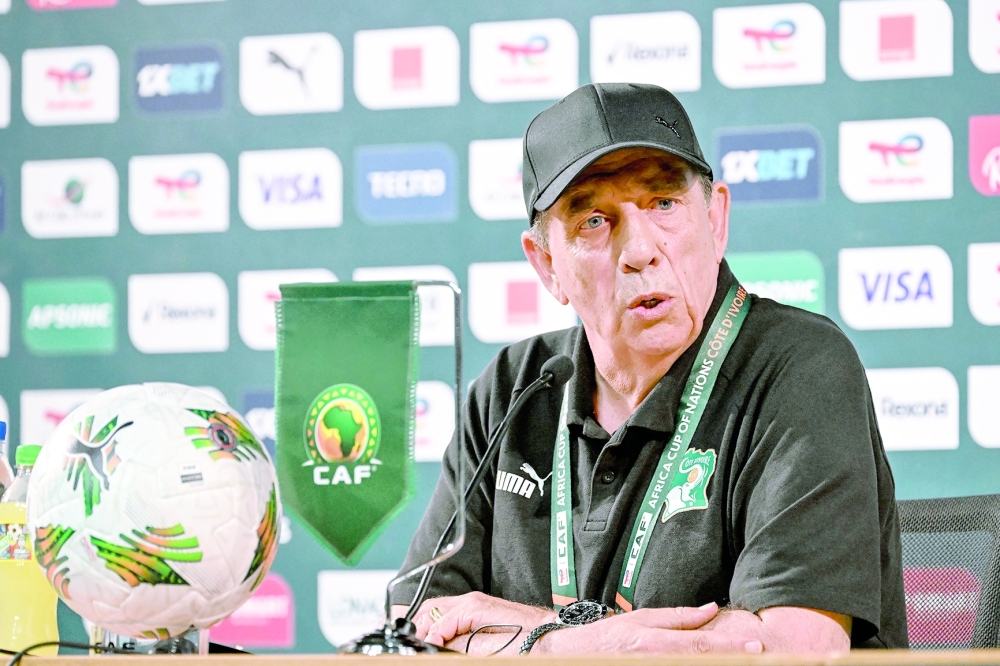 Ivory Coast's French coach Jean-Louis Gasset speaks during a press conference at the Palais de la Culture in Abidjan on January 12, 2024 on the eve of the 2024 Africa Cup of Nations (CAN) football match between Ivory Coast and Guinea-Bissau. (Photo by Sia KAMBOU / AFP)