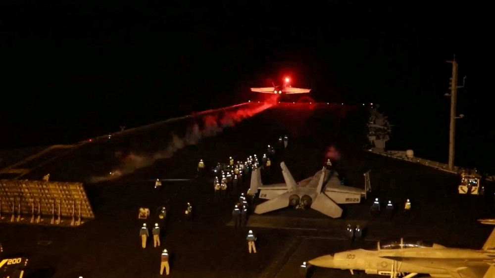 An aircraft takes off to conduct air strikes in Yemen