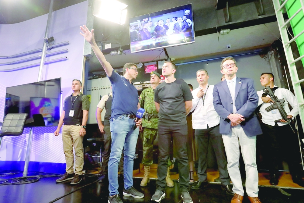 Ecuador’s President Daniel Noboa visits the installations of local TV station TC after hooded and armed people took over the TV studio during a live broadcast, in Guayaquil, Ecuador. — Reuters