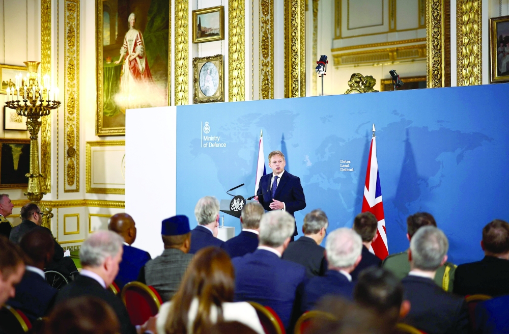 Britain's Defence Secretary Grant Shapps delivers a speech on defending the UK and its allies, at Lancaster House, in London. — AFP 