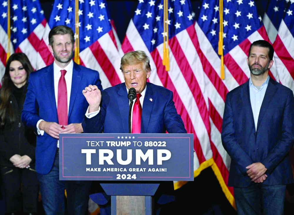 Former US President and Republican presidential hopeful Donald Trump speaks at a watch party during the 2024 Iowa Republican presidential caucuses in Des Moines, Iowa. - AFP