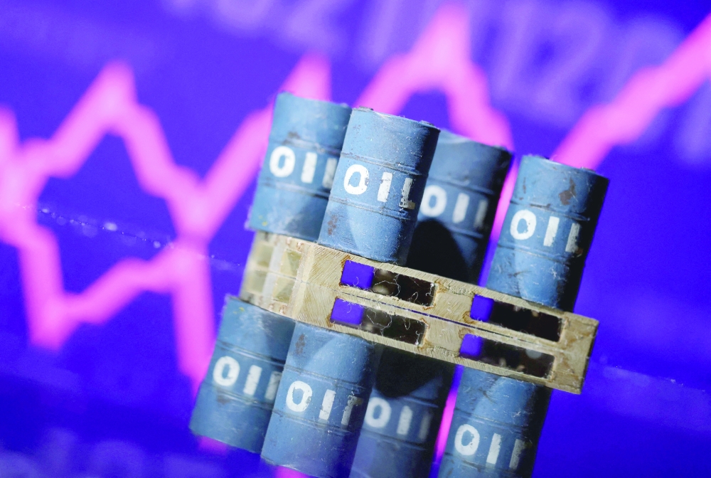 Illustration shows miniatures of oil barrels and rising stock graph.